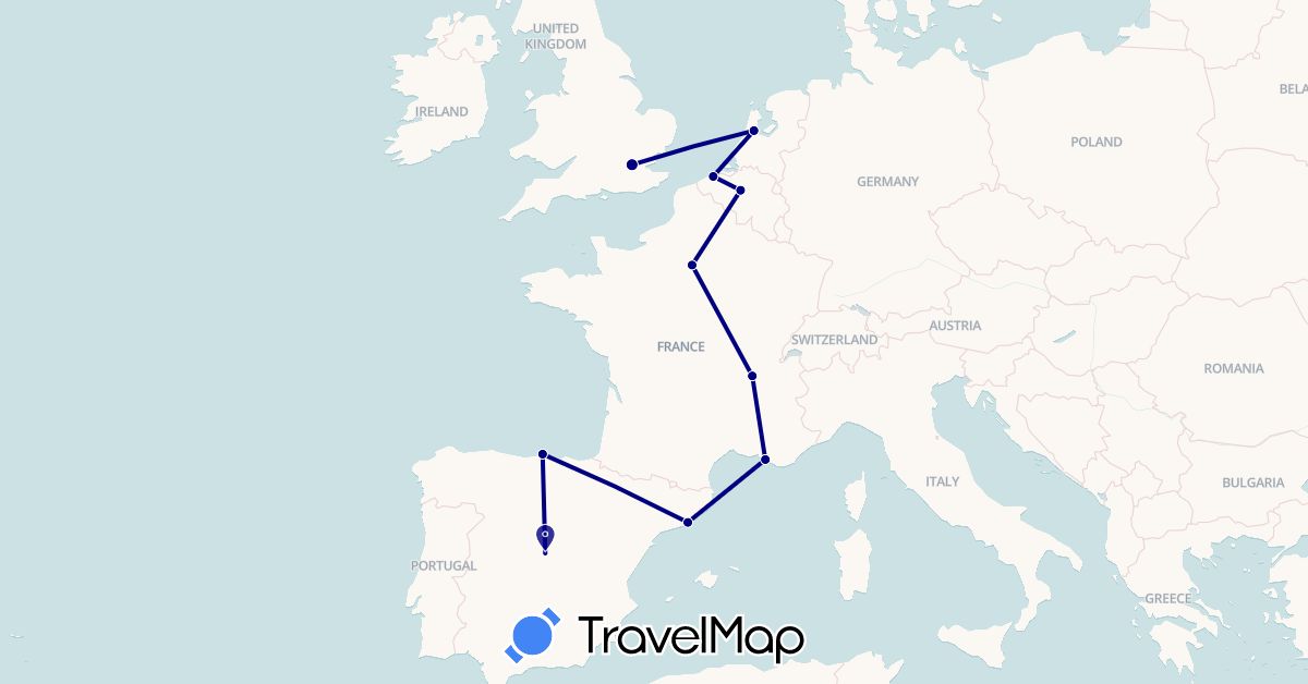 TravelMap itinerary: driving in Belgium, Spain, France, United Kingdom, Netherlands (Europe)